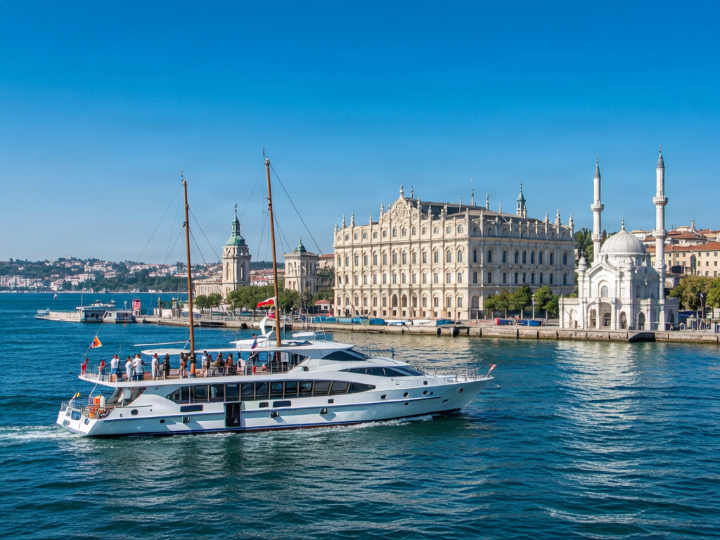 Sightseeing cruise passing Dolmabahce Palace on the Bosphorus