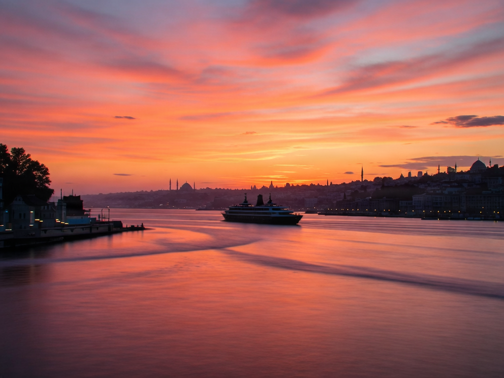 Sunset cruise on the Bosphorus with Istanbul skyline silhouette
