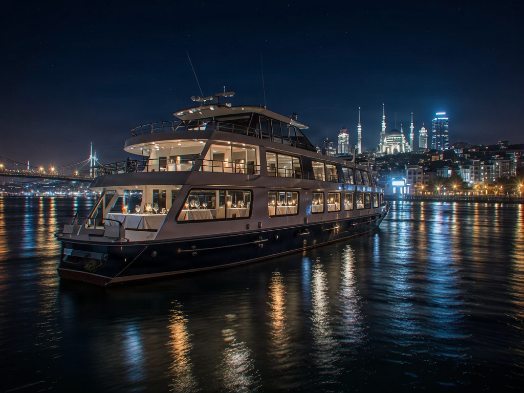 Dinner cruise boat on the Bosphorus at night with Istanbul city lights