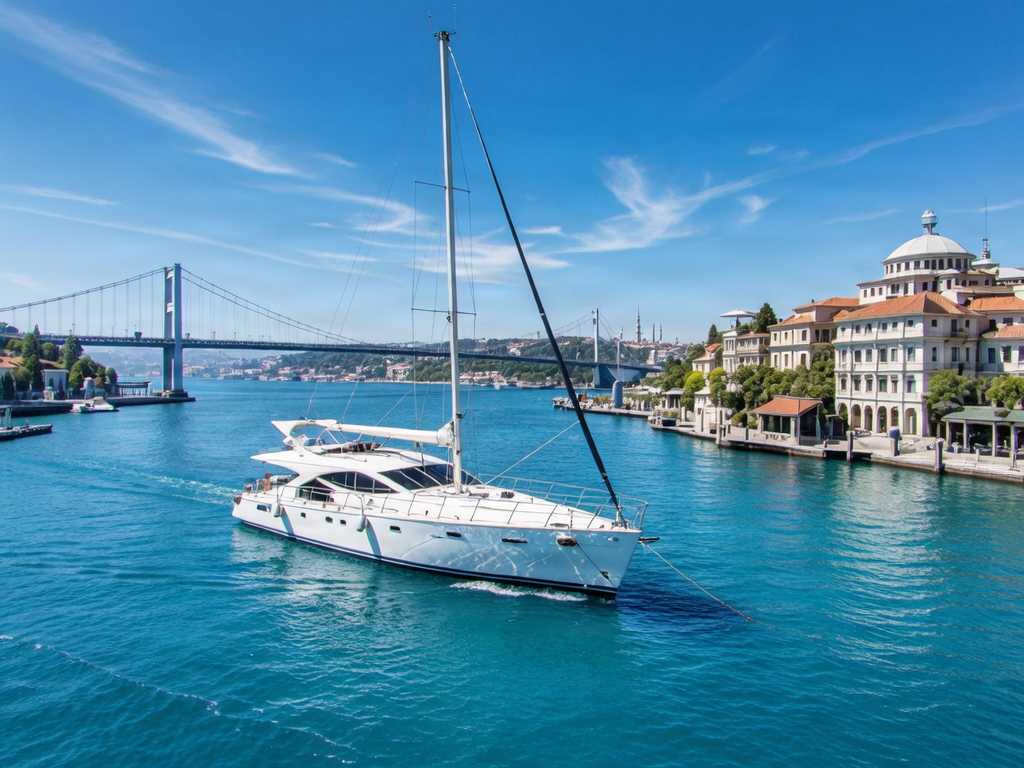 Luxury yacht sailing on the Bosphorus with Istanbul bridges in background