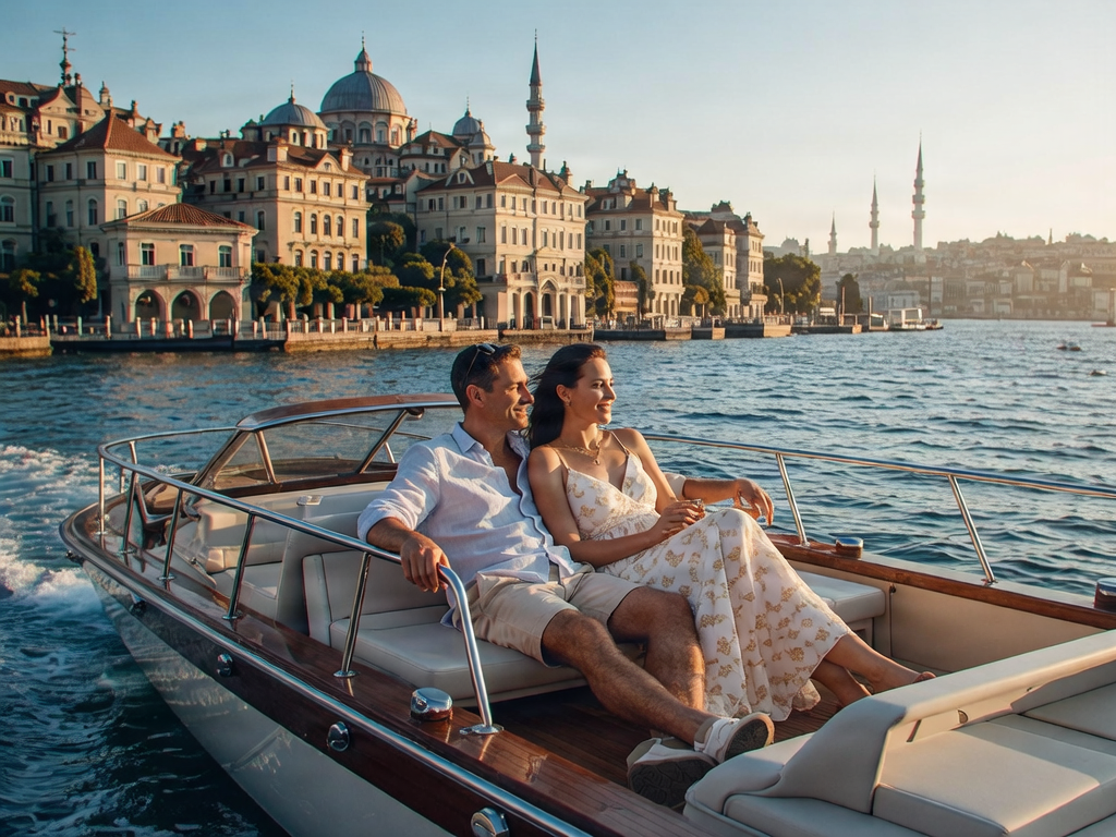 Private Bosphorus cruise with couple enjoying the Istanbul waterfront